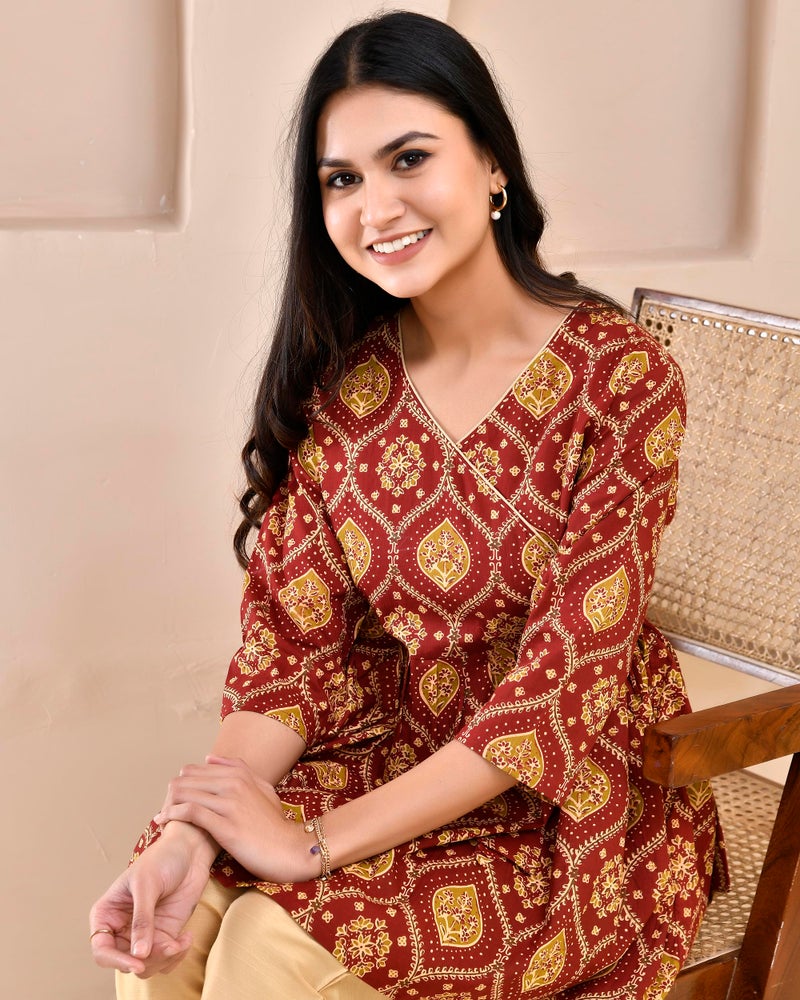 POISED Pure Cotton Floral Printed Angrakha Pleated Short Kurta for Women and Girls | Stylish Regular Fit V Neck 3/4th Sleeves Kurti for Ideal for Festivals, Casual Parties and Everyday Use (Maroon, S) - Image 2