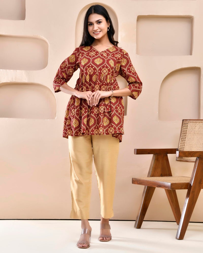 POISED Pure Cotton Floral Printed Angrakha Pleated Short Kurta for Women and Girls | Stylish Regular Fit V Neck 3/4th Sleeves Kurti for Ideal for Festivals, Casual Parties and Everyday Use (Maroon, S) - Image 5