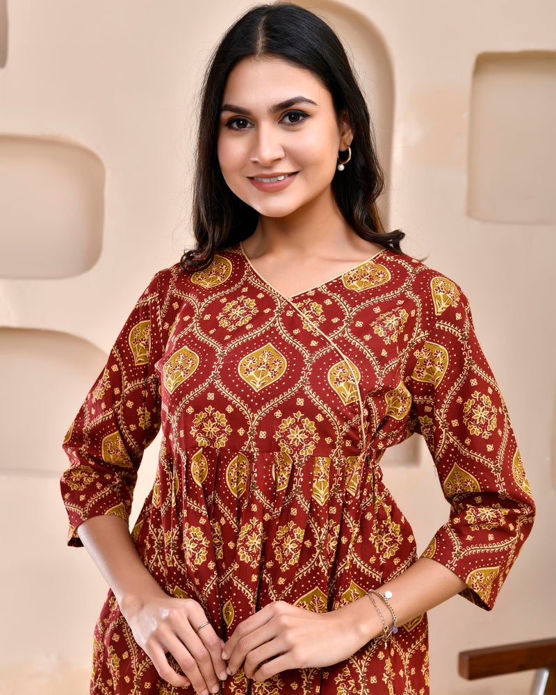 POISED Pure Cotton Floral Printed Angrakha Pleated Short Kurta for Women and Girls | Stylish Regular Fit V Neck 3/4th Sleeves Kurti for Ideal for Festivals, Casual Parties and Everyday Use (Maroon, S) - Image 3