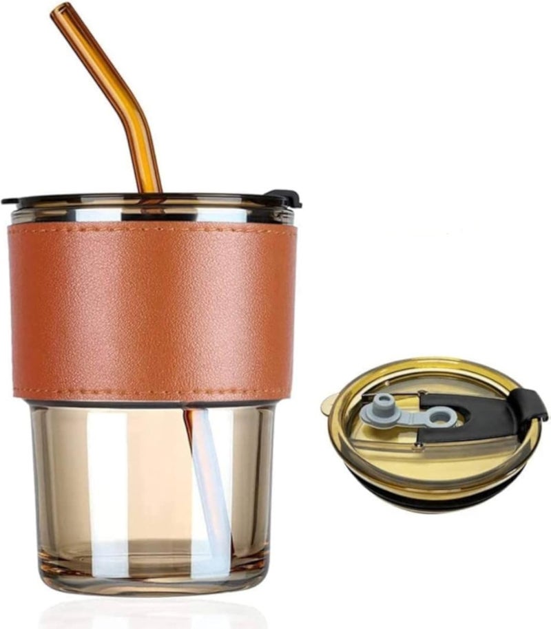 RAVIZAA Glass Tumbler Mug with Lid, Silicon Straw and Protective Anti-Slid Leather Sleeve for Hot and Cold Beverages Tea Coffee Smoothies Fruit Juice Travel Mug(435 ml)(1 Piece)(Random Color)