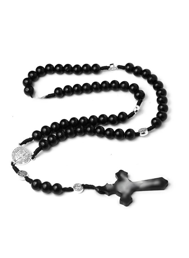 [ ] Natural Wooden Beads Cross Rosary Necklace Hand-woven Prayer Rosary Jewelry 