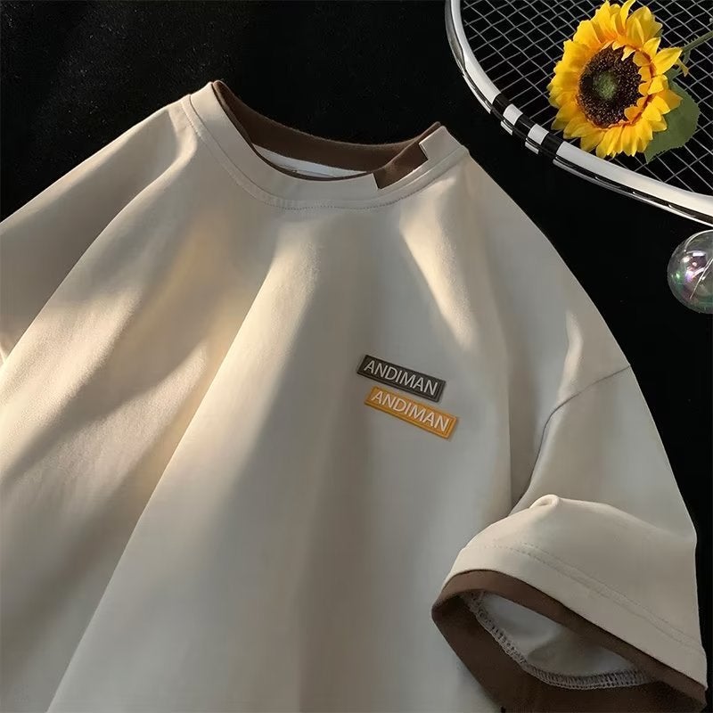 Heavy Fake Two-Piece Short-Sleeved T-Shirt Men'S Trendy Brand Fashionable American Style Loose Half-Sleeved Summer Teenage Boys T-Shirt - Image 5