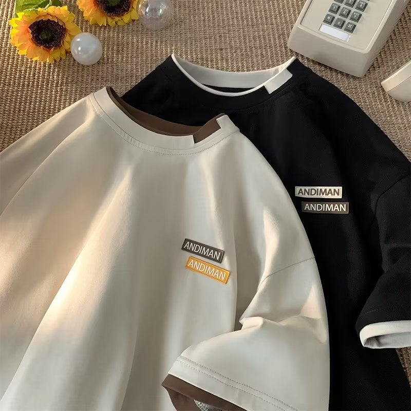 Heavy Fake Two-Piece Short-Sleeved T-Shirt Men'S Trendy Brand Fashionable American Style Loose Half-Sleeved Summer Teenage Boys T-Shirt - Image 2