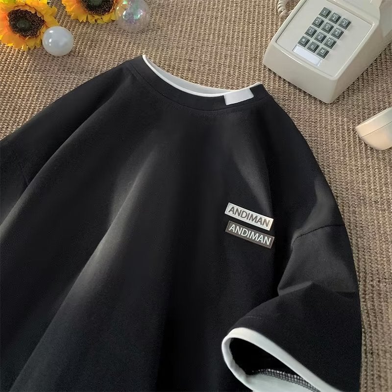 Heavy Fake Two-Piece Short-Sleeved T-Shirt Men'S Trendy Brand Fashionable American Style Loose Half-Sleeved Summer Teenage Boys T-Shirt - Image 3