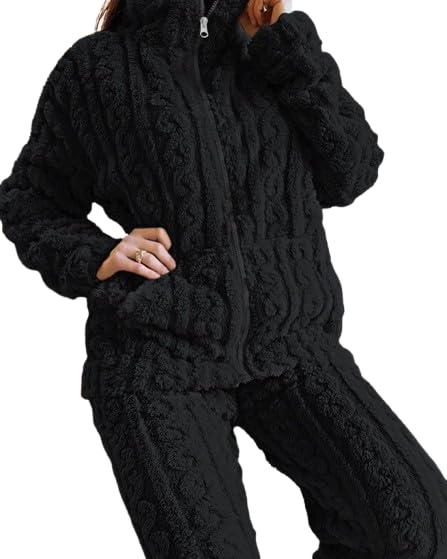 Ukal 2PCS Winter Night Suit Collar Zip Up Fuzzy Top & Pants Set for Men and Women (in, Alpha, L, Regular, Plus Size, Black) - Image 5