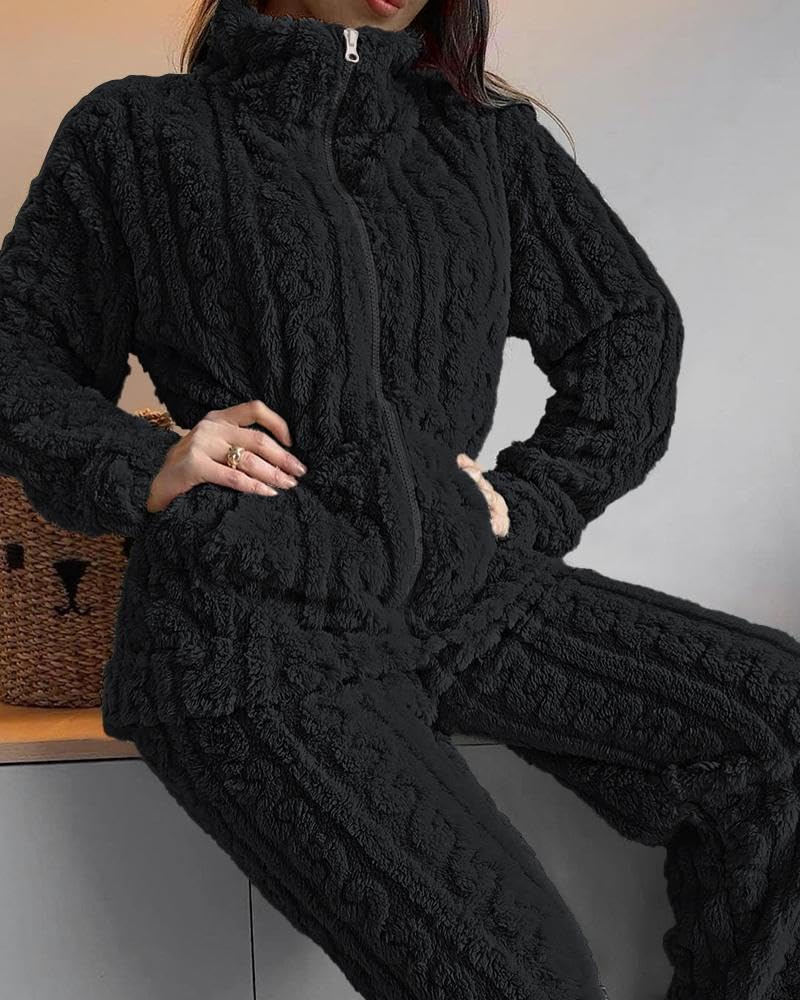 Ukal 2PCS Winter Night Suit Collar Zip Up Fuzzy Top & Pants Set for Men and Women (in, Alpha, L, Regular, Plus Size, Black) - Image 3