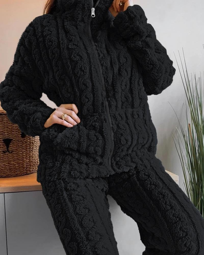 Ukal 2PCS Winter Night Suit Collar Zip Up Fuzzy Top & Pants Set for Men and Women (in, Alpha, L, Regular, Plus Size, Black) - Image 2