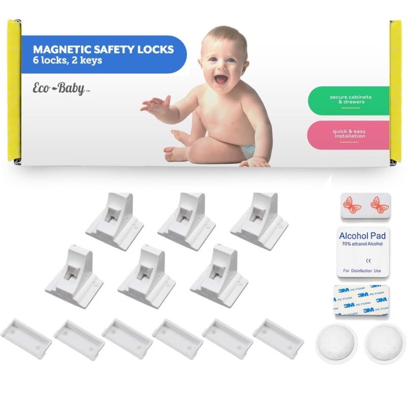 Eco-Baby 6 Pack Magnetic Cabinet Locks for Babies (with 2 Keys), Eco Baby Magnetic Baby Proofing Cabinet Locks, Child Locks for Cabinets Drawers Doors for Back to School, Easy Installation No Tools Required