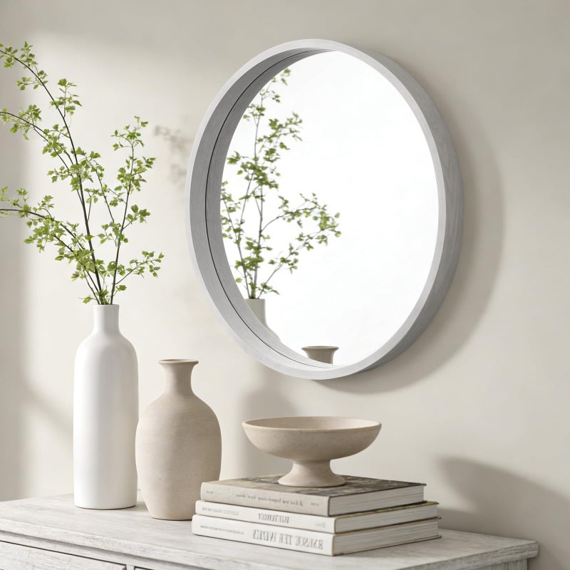 WallBeyond 24 Inch Round Wood Mirror, Circle Wooden Frame Wall Mirror for Bathroom, Living Room, Bedroom, Entryway (White) - Image 3