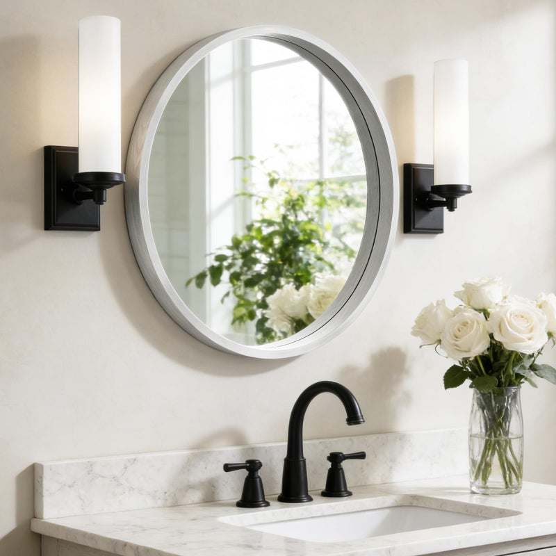 WallBeyond 24 Inch Round Wood Mirror, Circle Wooden Frame Wall Mirror for Bathroom, Living Room, Bedroom, Entryway (White) - Image 1