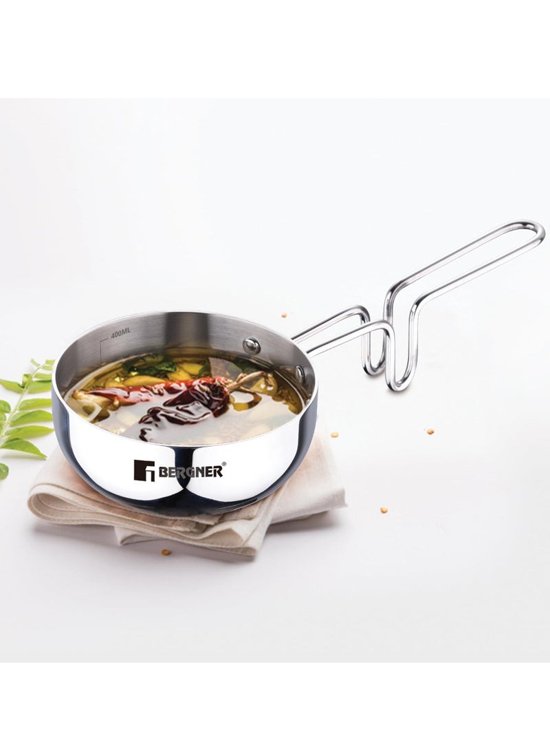 Bergner TriPro TriPly Stainless Steel 12cm Tadka Pan, 500ml Capacity, For Spice Tempering/Seasoning, Long Wire Handle, Laser-Etched Scale, Smooth Finished Surface, Induction Bottom and Gas Stove Ready - Image 1