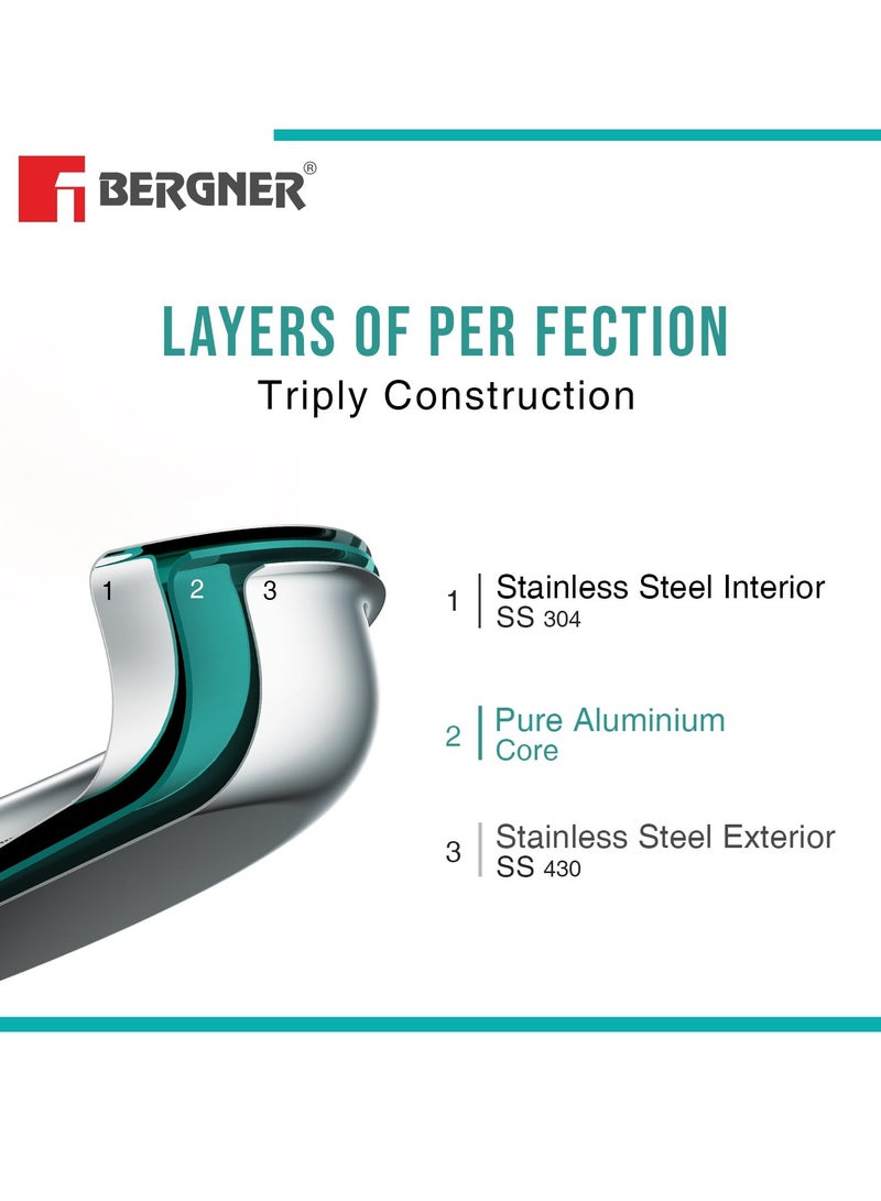 Bergner TriPro TriPly Stainless Steel 12cm Tadka Pan, 500ml Capacity, For Spice Tempering/Seasoning, Long Wire Handle, Laser-Etched Scale, Smooth Finished Surface, Induction Bottom and Gas Stove Ready - Image 3