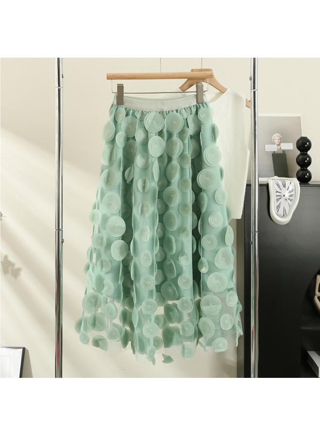 Heavy Industry Three-dimensional Flower Mesh A- Line Skirt Women's Summer New Design High Waist Slimming Fairy Skirt