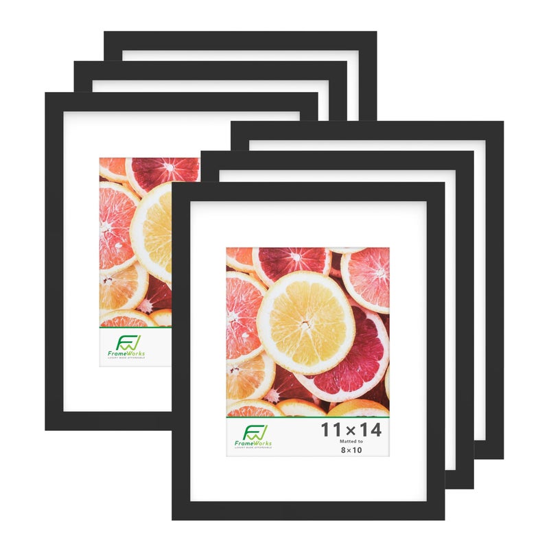 FrameWorks 11x14 mat to 8x10 Classic Wooden Picture Frames Tempered GlassBlack  6Pack