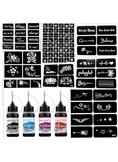 Black and brown and mauve and blue ink tattoos, with 100 cut-out pictures