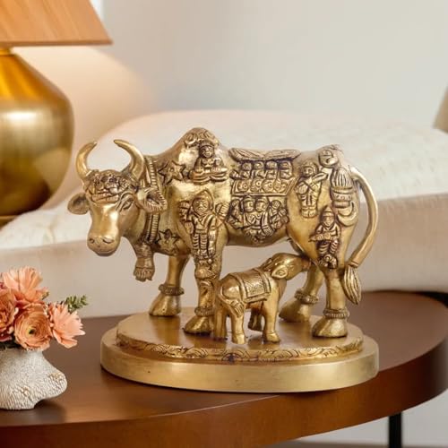 Kartique Brass Kamadhenu the Wish-Fulfilling Cow with Bhagwan Engraving Idol Surabhi Statue for Home Decor Vastu Feng Shui Good Luck Marriage Couple Gift Gold Color Height 3.5 Inch - Image 3