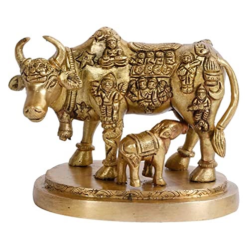 Kartique Brass Kamadhenu the Wish-Fulfilling Cow with Bhagwan Engraving Idol Surabhi Statue for Home Decor Vastu Feng Shui Good Luck Marriage Couple Gift Gold Color Height 3.5 Inch - Image 2