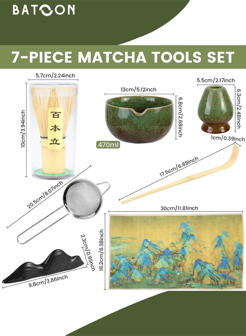 باتون طقم شاي ماتشا من 7 قطع، يتضمن وعاءً، مضرب ماتشا، ملعقة ماتشا، منخل شاي، حامل مضرب، حصيرة وعاء، مجموعة هدايا لأدوات تحضير الماتشا. - Image 2