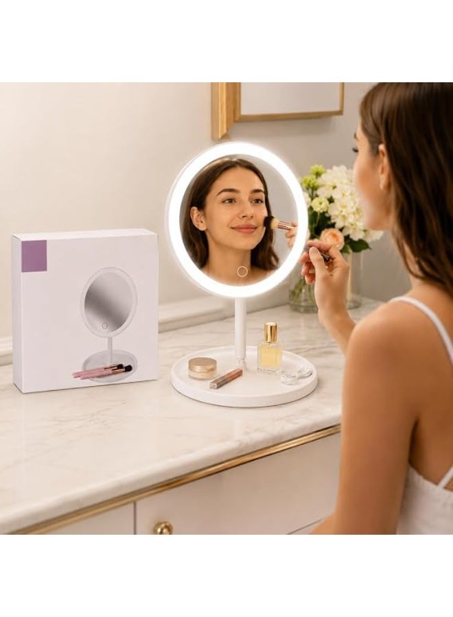 Portable LED makeup mirror with adjustable lighting, high-definition mirror, touch control, 180-degree adjustable stand, built-in storage tray, wireless desktop beauty mirror for makeup, skincare, and travel. - Image 1