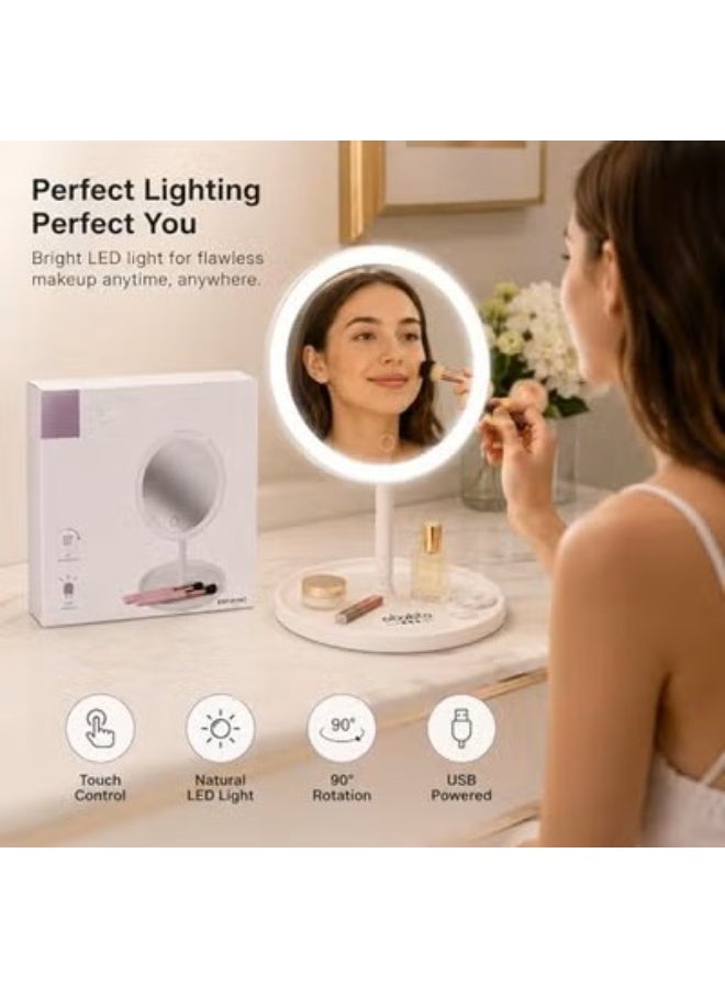 Portable LED makeup mirror with adjustable lighting, high-definition mirror, touch control, 180-degree adjustable stand, built-in storage tray, wireless desktop beauty mirror for makeup, skincare, and travel. - Image 3