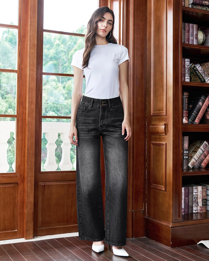 UPNET Womenâ€™s High Waisted Baggy Jeans â€“ Stretchy Wide Leg Tummy Control Straight Leg Denim Pants Trendy Jeans for Women 2025 (US, Numeric, 8, Regular, Regular, Black) - Image 2