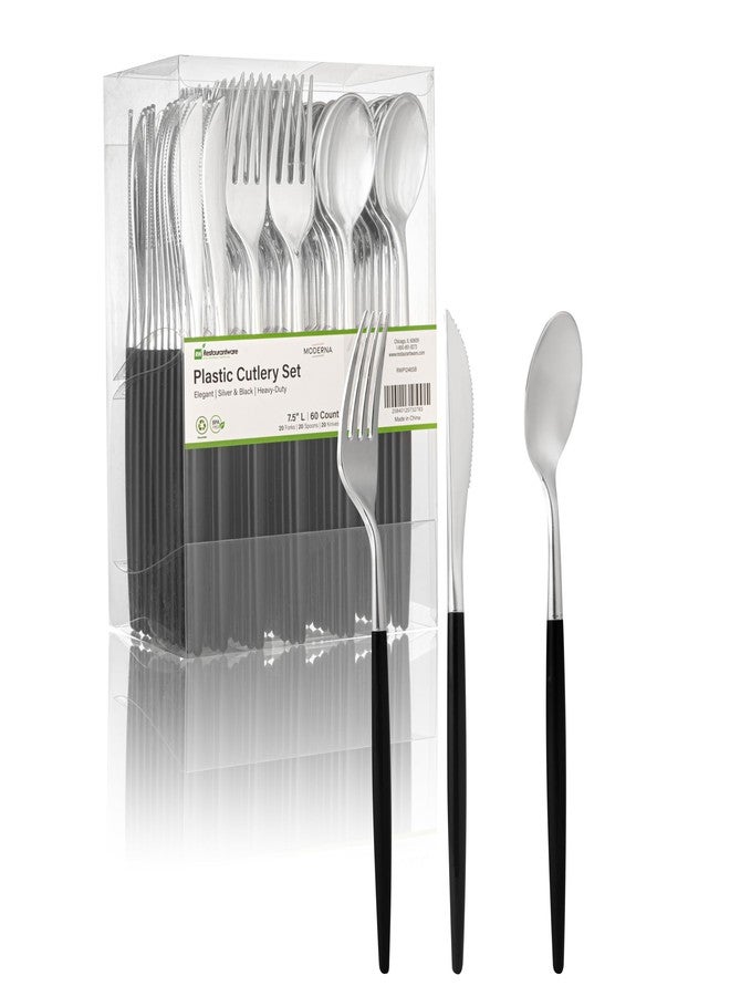 Restaurantware-Moderna 7.5 Inch Fancy Flatware, 60 Durable Plastic Flatware - With Black Handle, Heavy-duty, Silver Plastic Sustainable Cutlery, Easily Disposable Or Restaurants - Image 1