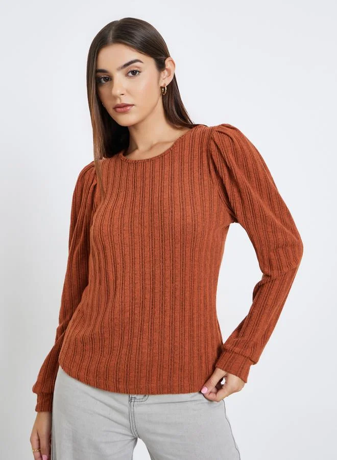 Take Two Women Rust Ribbed Top with Puff Sleeves