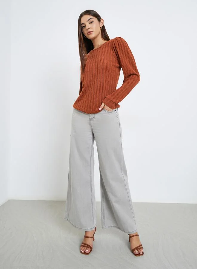 Take Two Women Rust Ribbed Top with Puff Sleeves
