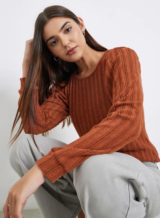 Take Two Women Rust Ribbed Top with Puff Sleeves