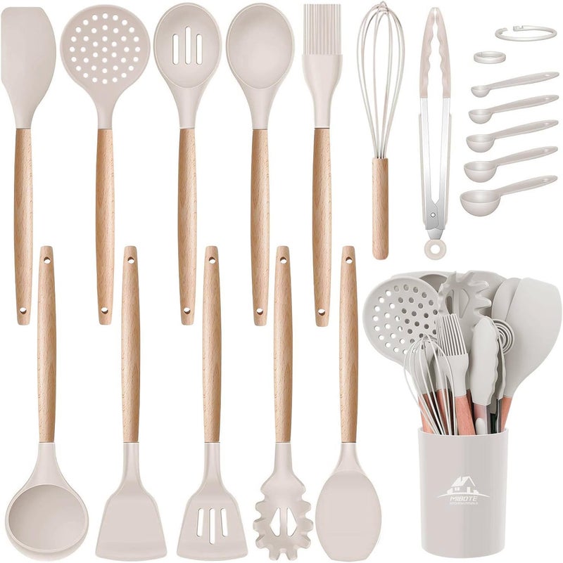 MIBOTE Silicone Cooking Kitchen Utensils Set with Holder Wooden Handles BPA Free Non Toxic Silicone Turner Tongs Spatula Spoon Kitchen Gadgets Utensil Set for Nonstick Cookware Khaki