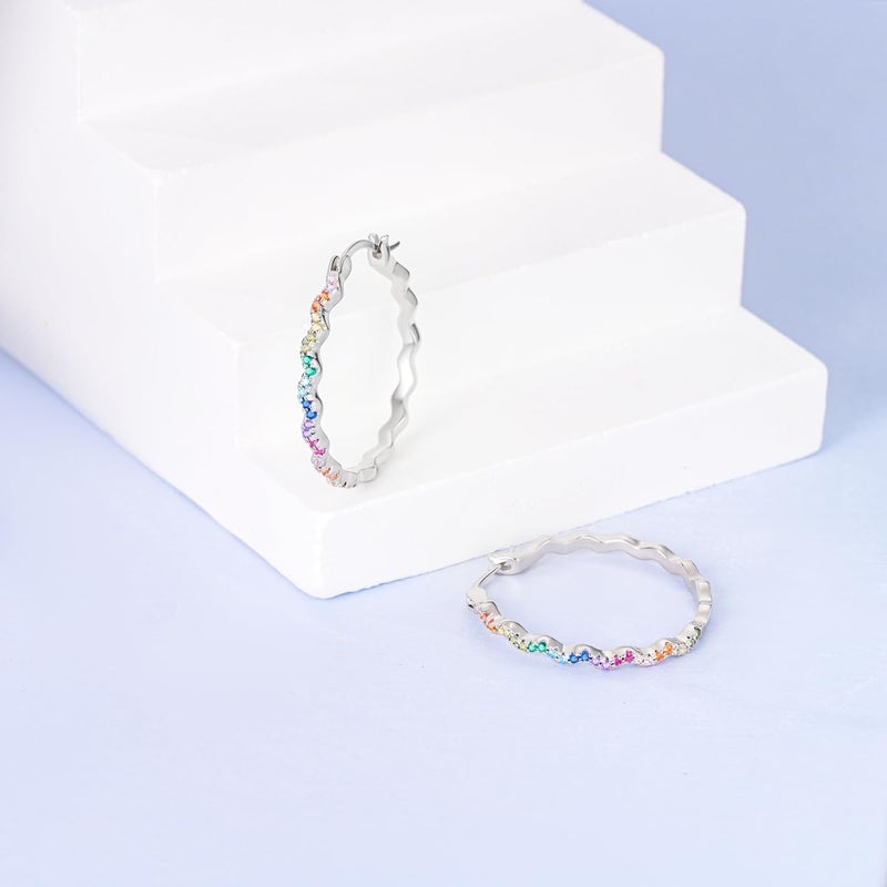 NARMO Hoop Earrings for Women 925 Sterling Silver Colorful Cubic Zirconia Rainbow Hoop Earrings Lightweight Earrings - Image 2