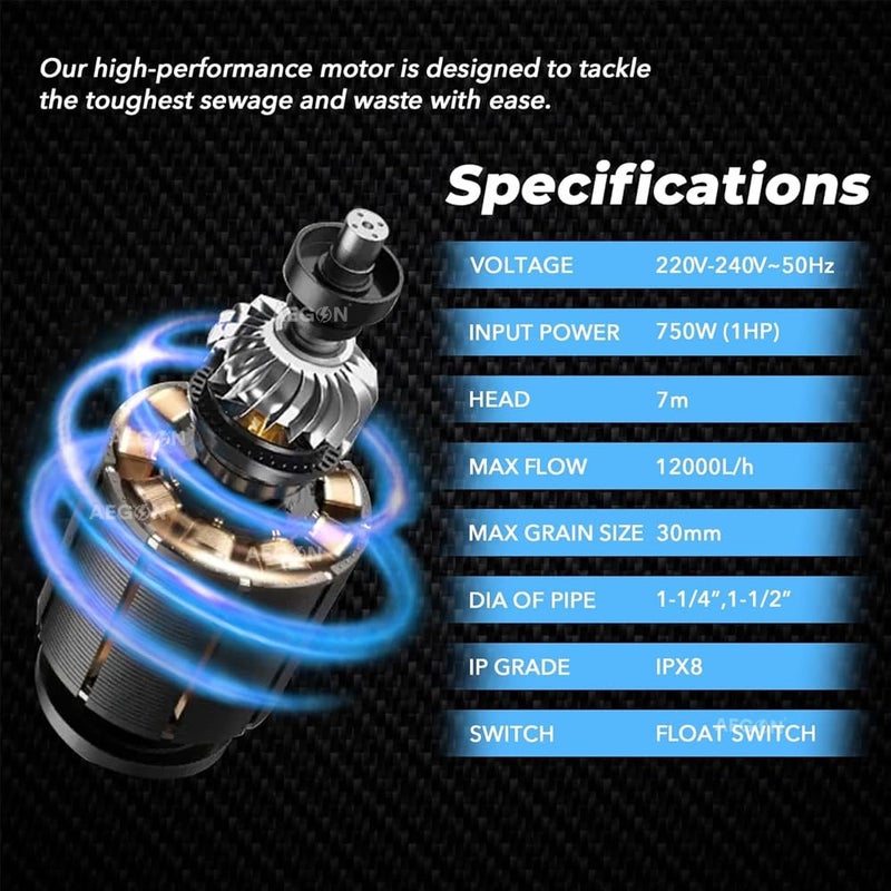 AEGON مضخة صرف صحي غاطسة من النحاس الخالص ASP750 بقدرة 750 واط، 1 حصان، مرحلة واحدة IPX8 مع مفتاح عائم (12000 لتر/ساعة، ارتفاع 7م) - تصريف | تصريف المياه | مضخة فك انسداد المجاري (أرجواني داكن) - Image 2