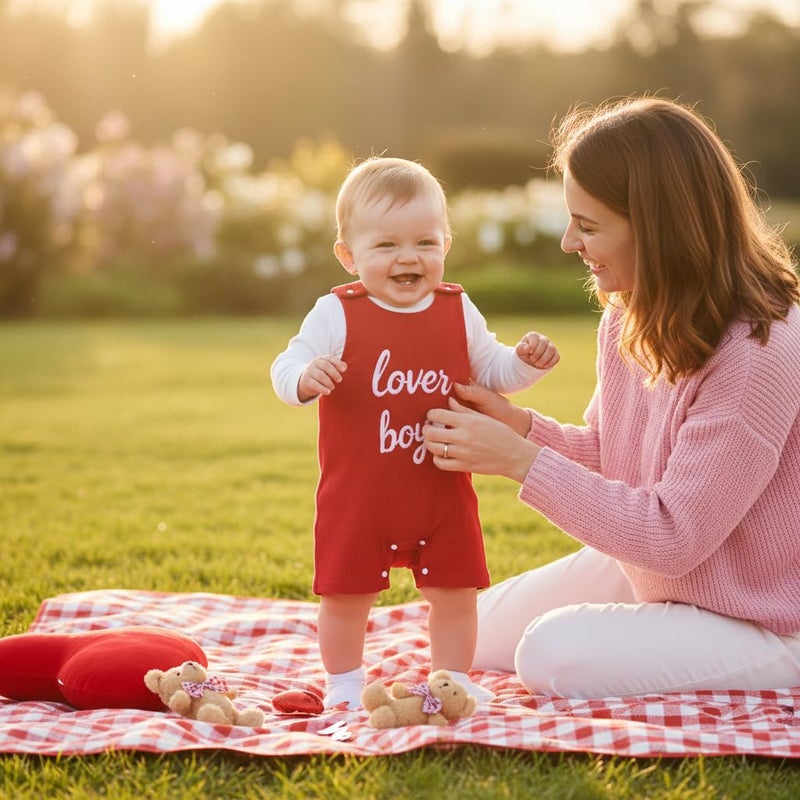 Ayalinggo Baby Boy Valentines Day Outfit Lover Letter Print Romper Toddler Boys One Piece Jumpsuit Corduroy Overalls 0-3Y (Red Lover Baby, 12-18 Months) - Image 3