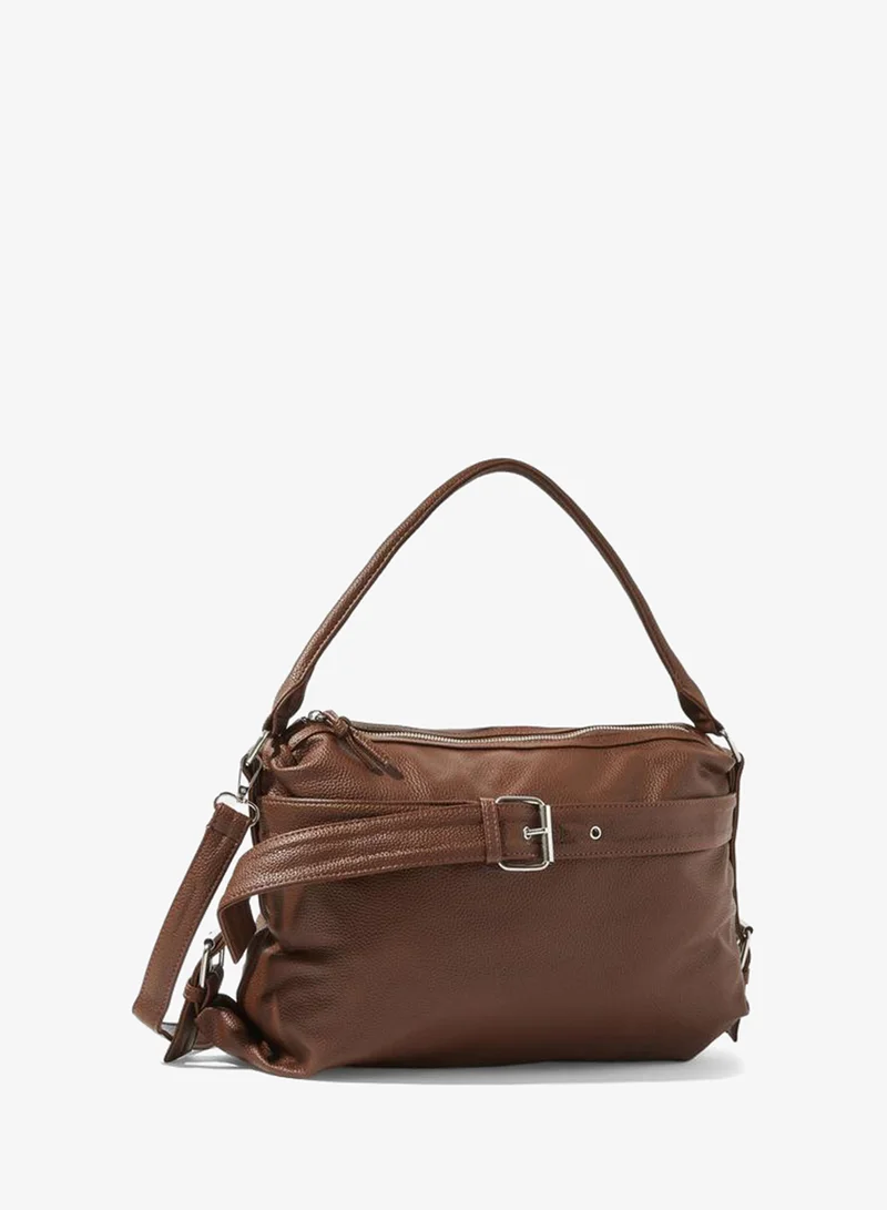 Coffee Brown Grained Faux Leather Buckled Shoulder Bag