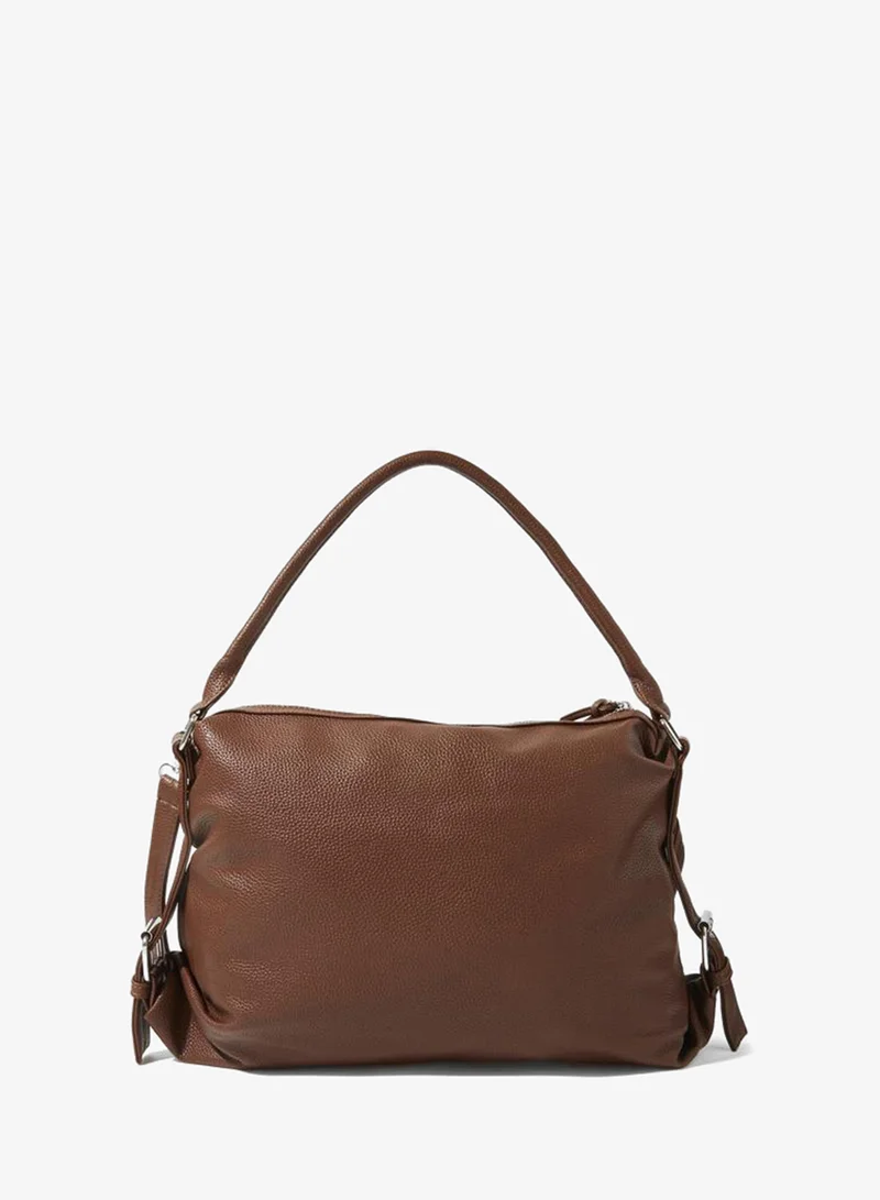 Styli Coffee Brown Grained Faux Leather Buckled Shoulder Bag