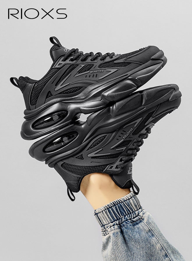 ريوكس حذاء رياضي رجالي شبكي سميك، حذاء جري خفيف الوزن ومسامي للرجال، حذاء رياضي كلاسيكي برباط سميك ووسادة هوائية مبطنة، حذاء رياضي غير قابل للانزلاق ومريح للارتداء اليومي في العمل أو الصالة الرياضية، أسود - Image 1