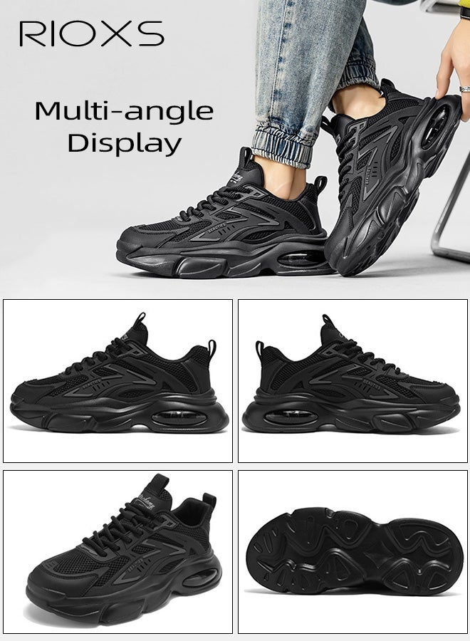 ريوكس حذاء رياضي رجالي شبكي سميك، حذاء جري خفيف الوزن ومسامي للرجال، حذاء رياضي كلاسيكي برباط سميك ووسادة هوائية مبطنة، حذاء رياضي غير قابل للانزلاق ومريح للارتداء اليومي في العمل أو الصالة الرياضية، أسود - Image 3