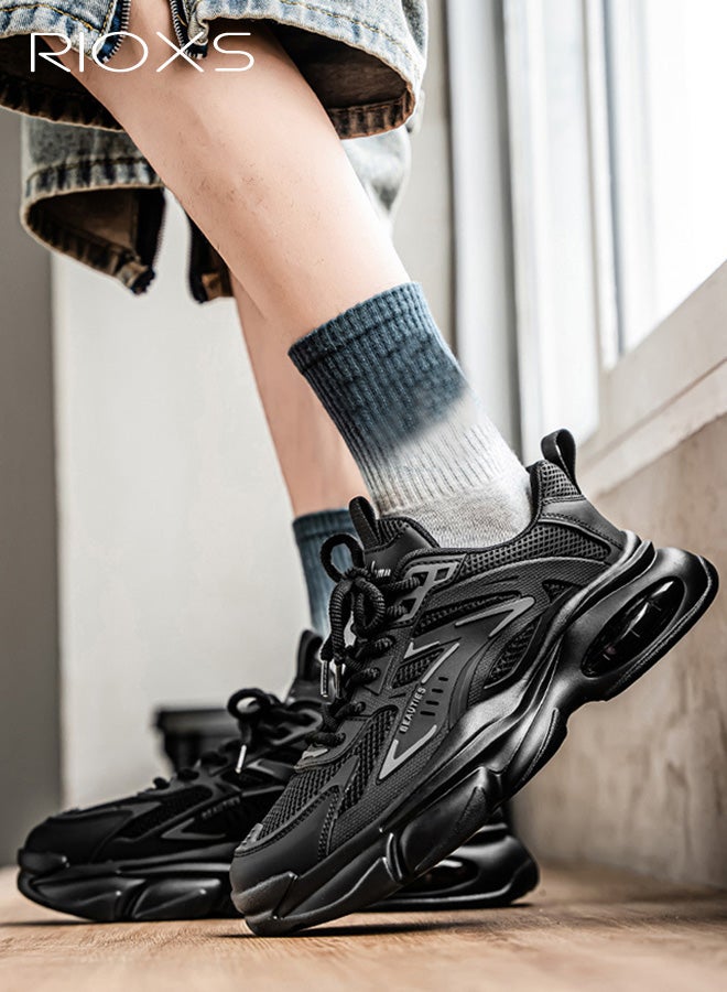 ريوكس حذاء رياضي رجالي شبكي سميك، حذاء جري خفيف الوزن ومسامي للرجال، حذاء رياضي كلاسيكي برباط سميك ووسادة هوائية مبطنة، حذاء رياضي غير قابل للانزلاق ومريح للارتداء اليومي في العمل أو الصالة الرياضية، أسود - Image 2