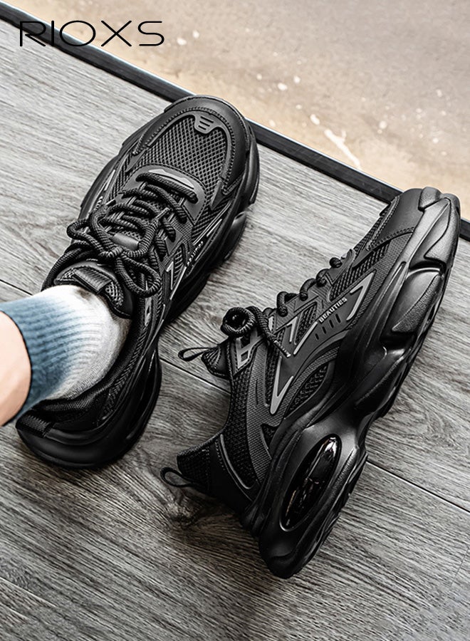 ريوكس حذاء رياضي رجالي شبكي سميك، حذاء جري خفيف الوزن ومسامي للرجال، حذاء رياضي كلاسيكي برباط سميك ووسادة هوائية مبطنة، حذاء رياضي غير قابل للانزلاق ومريح للارتداء اليومي في العمل أو الصالة الرياضية، أسود - Image 5