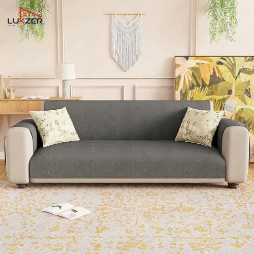 Lukzer 2 Seater Reversible Quilted Sofa Mat - Dot Frame Pattern | Grey | 250 GSM Polyester Sofa Runner with Arms & Deep Storage Pocket | Machine Washable Sofa Cover with Elastic Belt (SC-213-02) - Image 3
