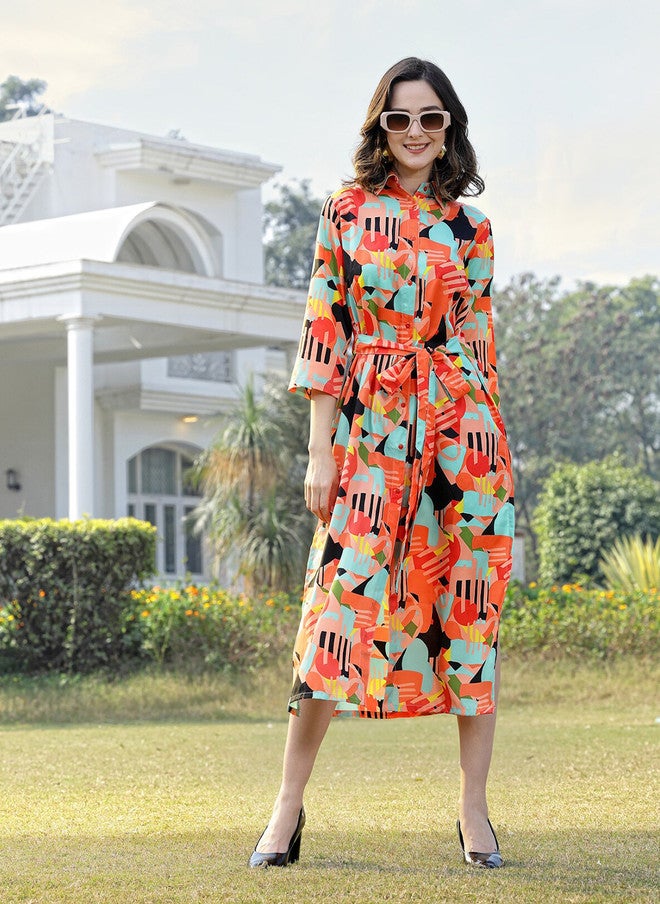 PlusS Abstract Printed Flared Shirt Dress for Women - Image 1