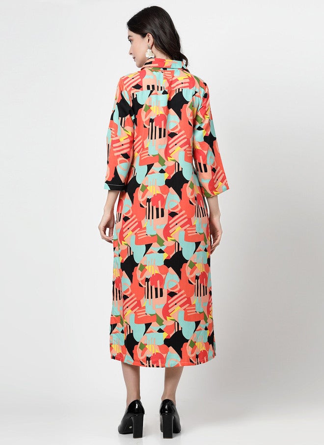 PlusS Abstract Printed Flared Shirt Dress for Women - Image 5