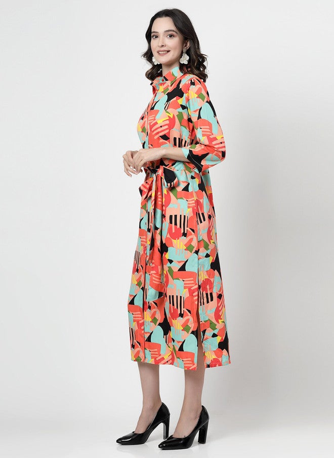 PlusS Abstract Printed Flared Shirt Dress for Women - Image 4