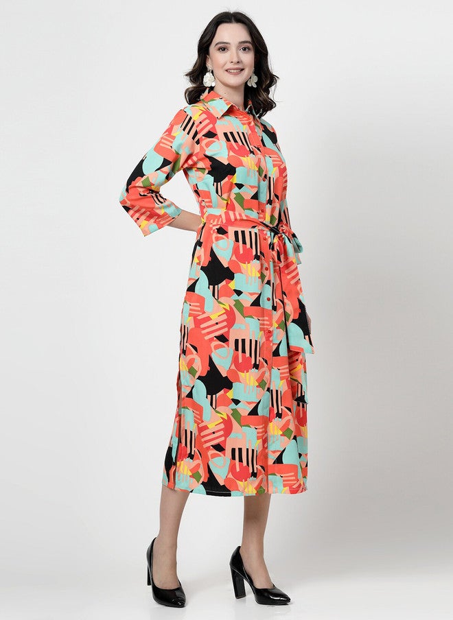 PlusS Abstract Printed Flared Shirt Dress for Women - Image 3