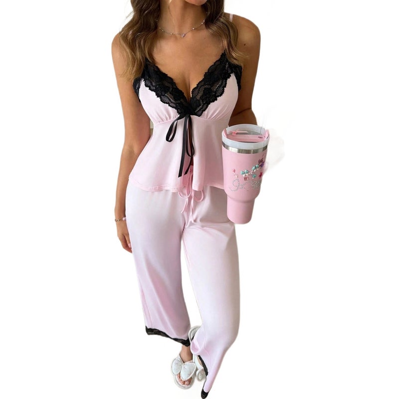 CME Women's Lace Camisole Lounge Set with V-Neck Tie-Front and Split Wide-Leg Pants, Two-Piece Sleepwear - Image 1