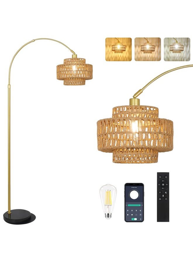 HMVPL Gold Floor Lamp for Living Room, Arched Floor Lamp with Remote, Boho Rattan Standing Lamp with Dimmable Blub, Mid Century Tall Lamp for Bedroom Reading Behind Couch Office (Height Adjustable) - Image 1