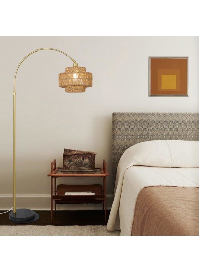 HMVPL Gold Floor Lamp for Living Room, Arched Floor Lamp with Remote, Boho Rattan Standing Lamp with Dimmable Blub, Mid Century Tall Lamp for Bedroom Reading Behind Couch Office (Height Adjustable) - Image 2