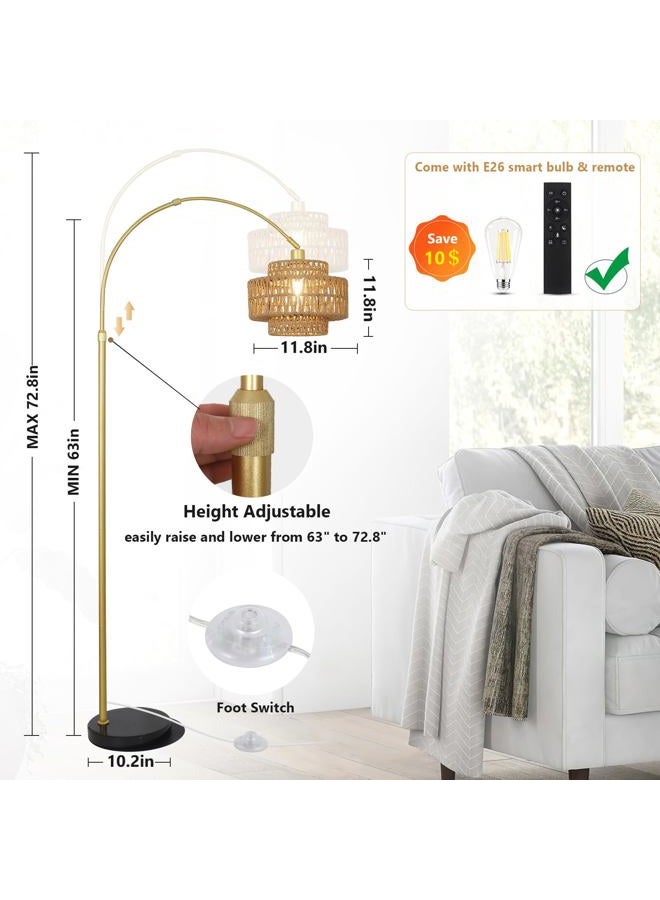 HMVPL Gold Floor Lamp for Living Room, Arched Floor Lamp with Remote, Boho Rattan Standing Lamp with Dimmable Blub, Mid Century Tall Lamp for Bedroom Reading Behind Couch Office (Height Adjustable) - Image 5