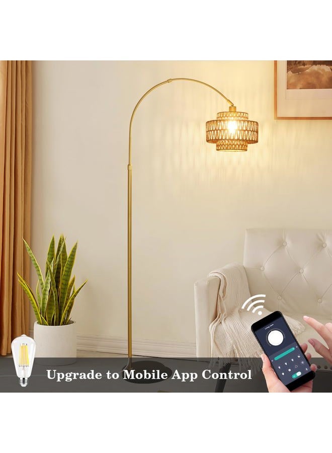HMVPL Gold Floor Lamp for Living Room, Arched Floor Lamp with Remote, Boho Rattan Standing Lamp with Dimmable Blub, Mid Century Tall Lamp for Bedroom Reading Behind Couch Office (Height Adjustable) - Image 4