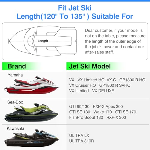 SILIVN Jet Ski Cover, 120"-135" 1or 3-Seater Watercrafts, Compatible with Yamaha, Seadoo, Kawasaki, Jet Ski Covers UV-Resistant 300D Duty Oxford PU Waterproof - Image 3